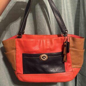 Coach Park Color Block Carrie Tote Bag Orangish Red Blue Brown Leather Purse